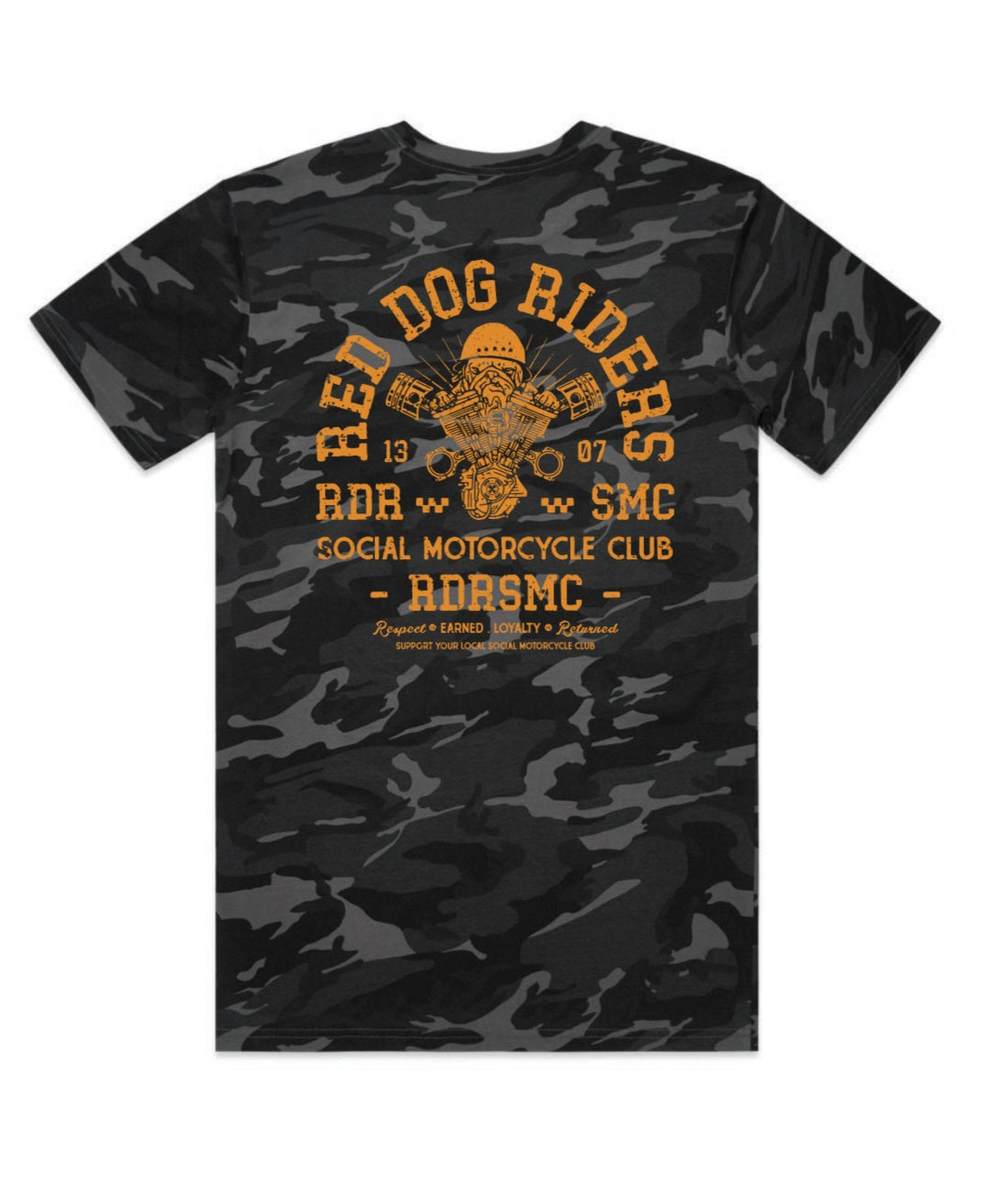 Red Dog Riders black camo piston tee
