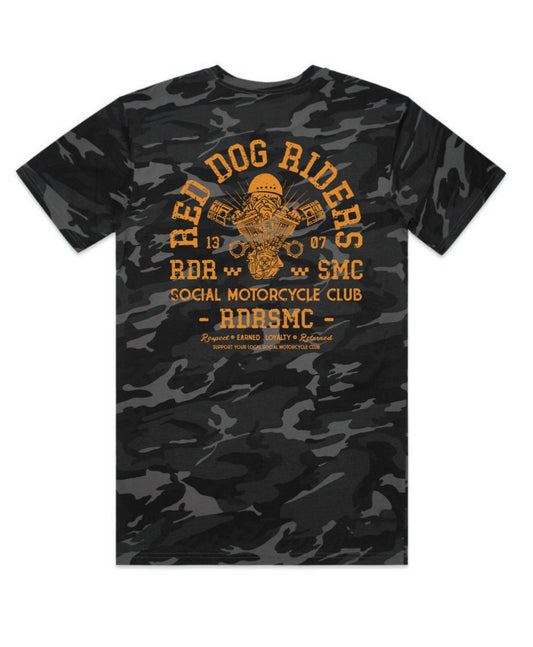 Red Dog Riders black camo piston tee