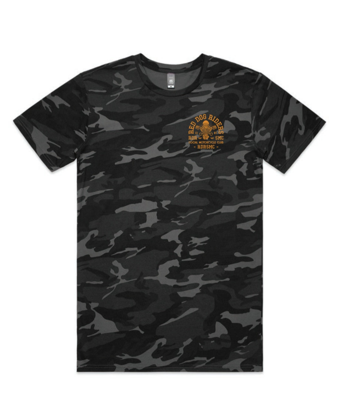 Red Dog Riders black camo piston tee